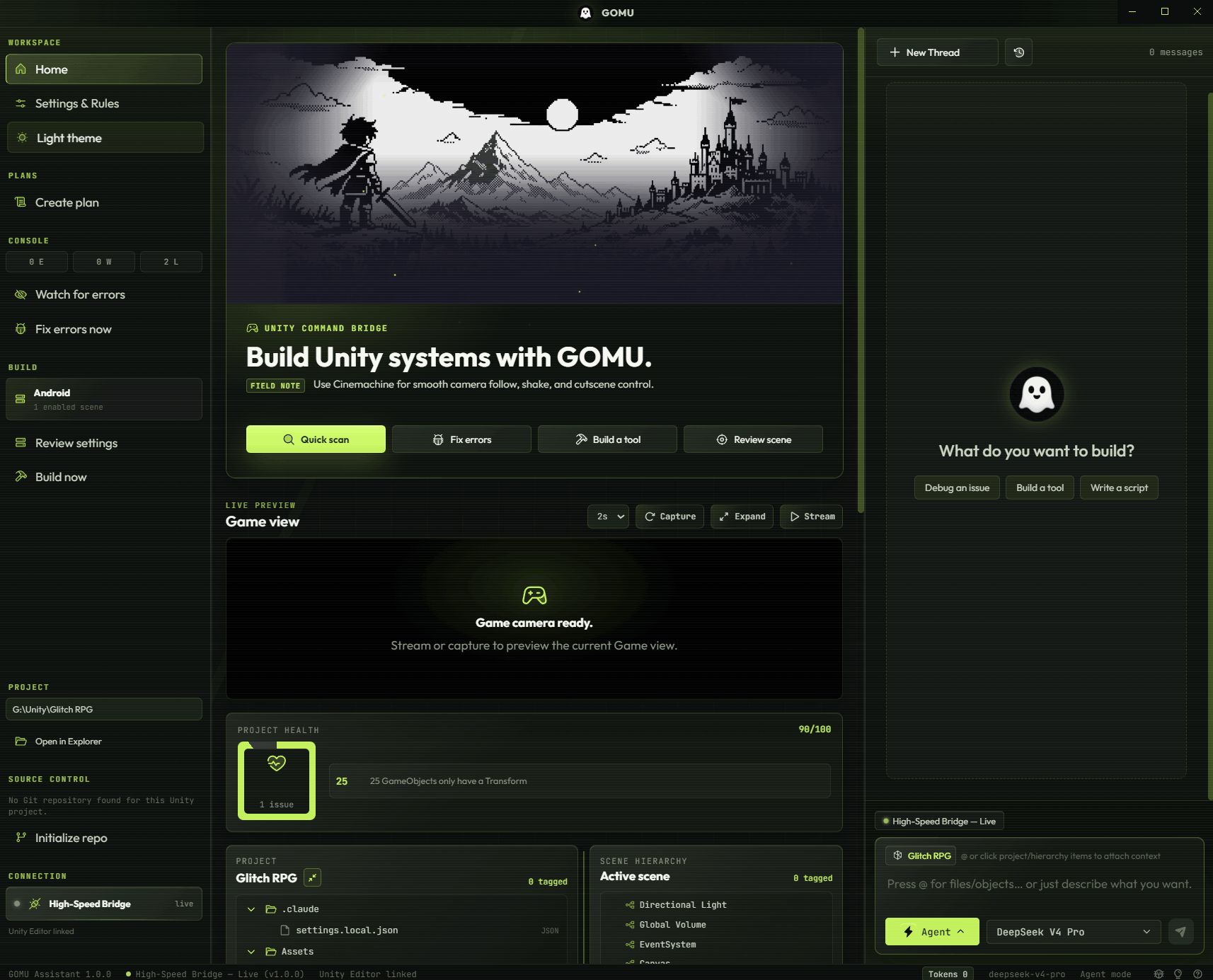 GUMO home dashboard showing Unity command bridge, game view, project health, and chat
