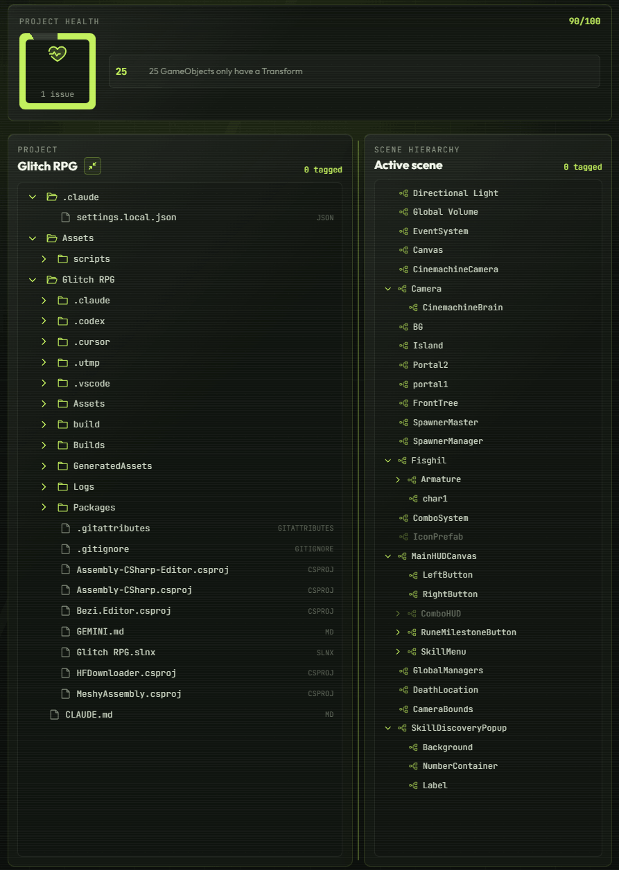 GUMO project tree and active Unity scene hierarchy panels