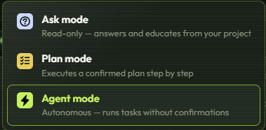 GUMO mode selector showing Ask mode, Plan mode, and Agent mode