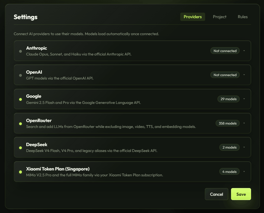 GUMO provider settings with Anthropic, OpenAI, Google, OpenRouter, DeepSeek, and Xiaomi Token Plan