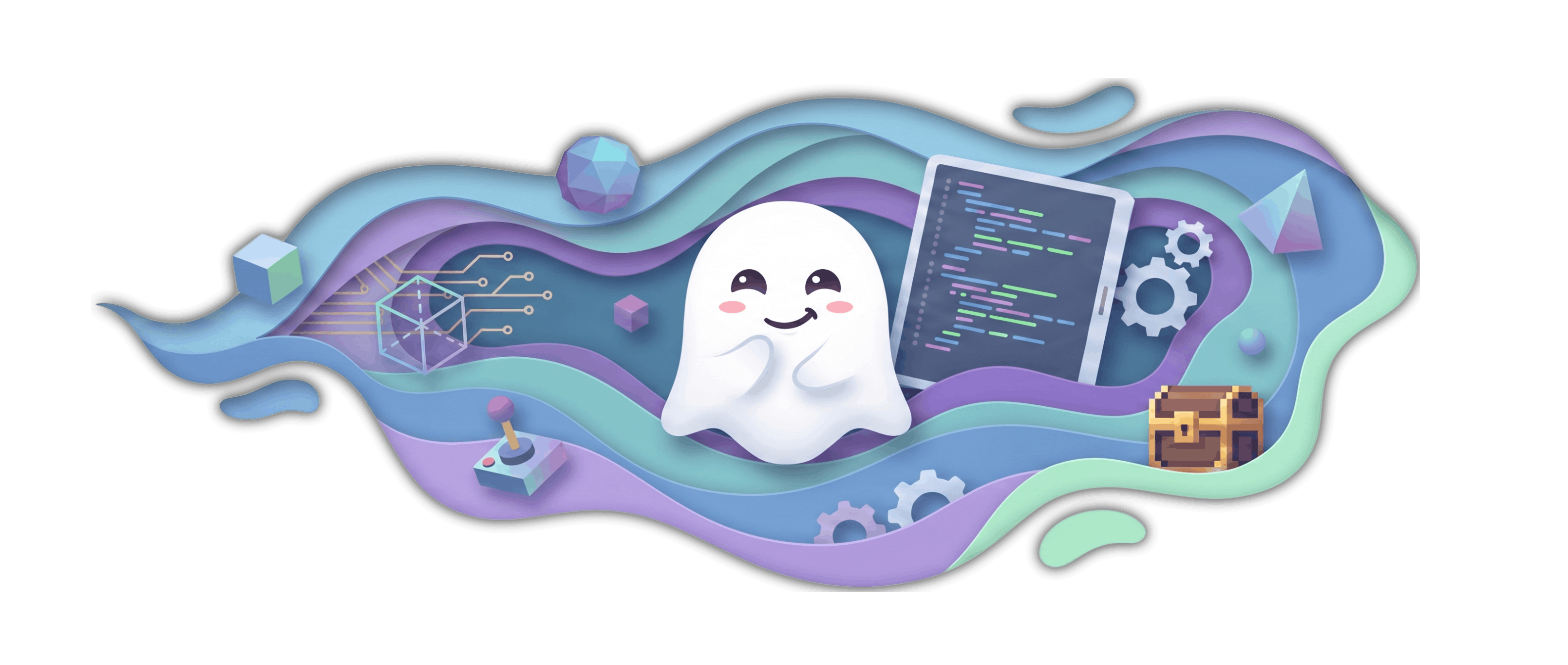 GUMO game development artwork with code and 3D shapes
