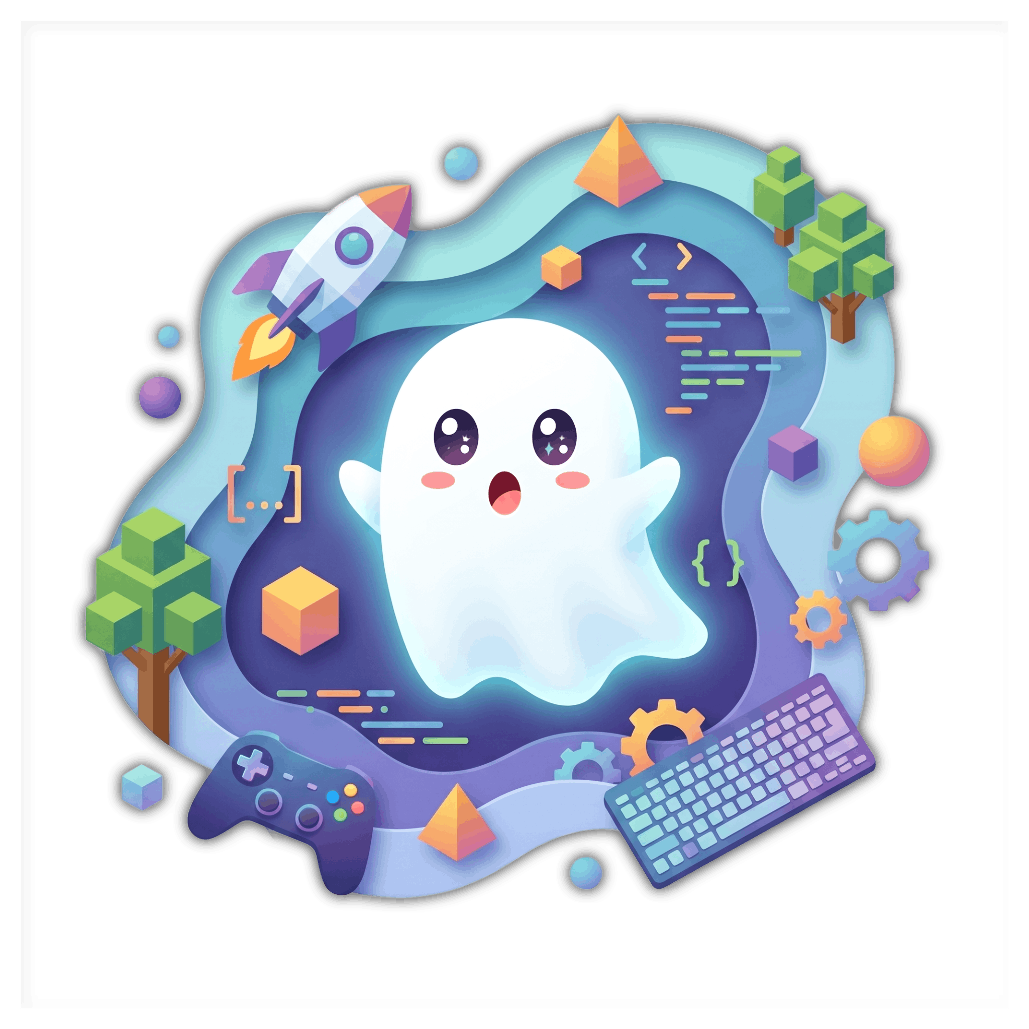GUMO artwork panel with rocket and code