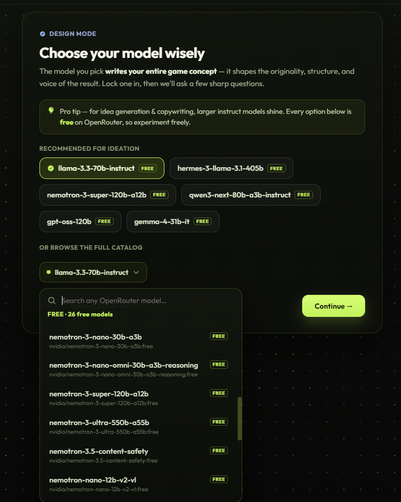 GUMO free OpenRouter model selection screen