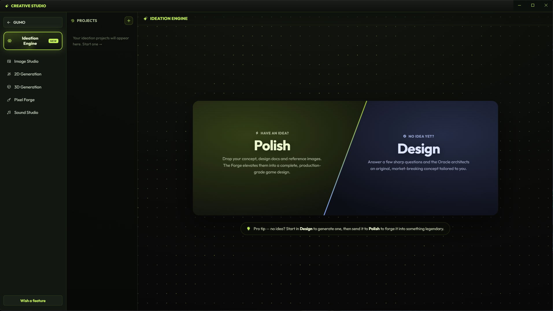 GUMO Ideation Engine with polish and design modes