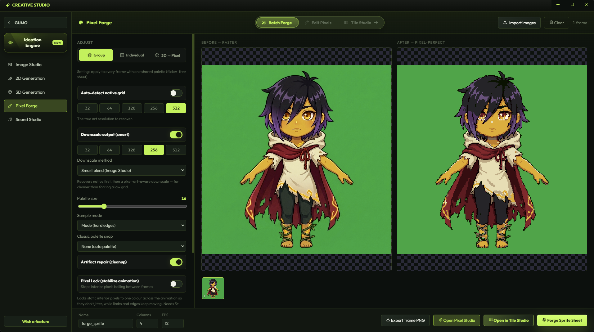 GUMO Pixel Forge converting raster art into true pixel art